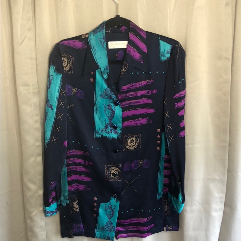 Vintage Dana Buchman 100% Silk abstract Navy and Purple Patterned size 2 Shirt
